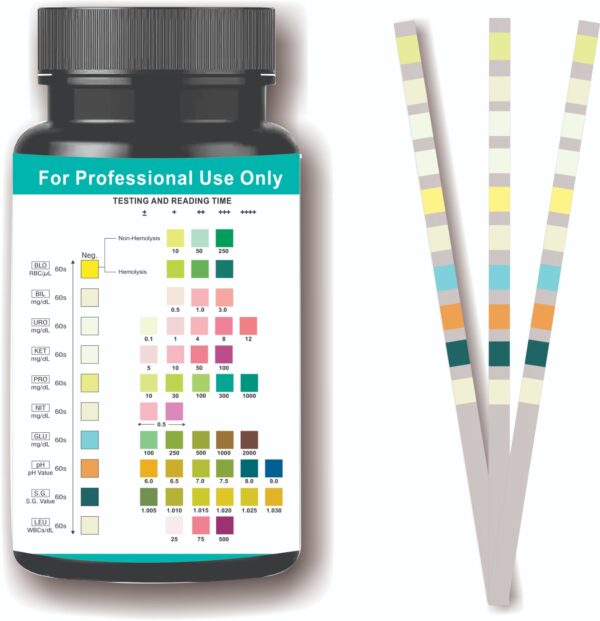 Dr. Manya Urine Test Strips - 100 Strips for Blood, Bilirubin, Urobilinogen, Ketone, Protein, Nitrite, Glucose, pH, Specific Gravity & Leucocytes Testing
